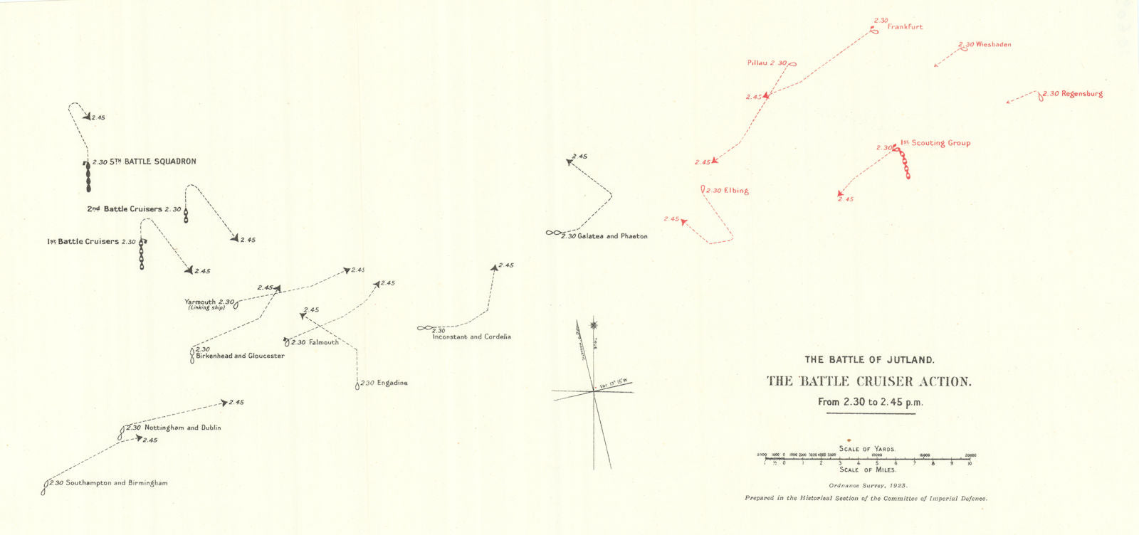 Battle of Jutland. Battle Cruiser Action 2.30-2.45 pm 31 May 1916. WW1. 1923 map